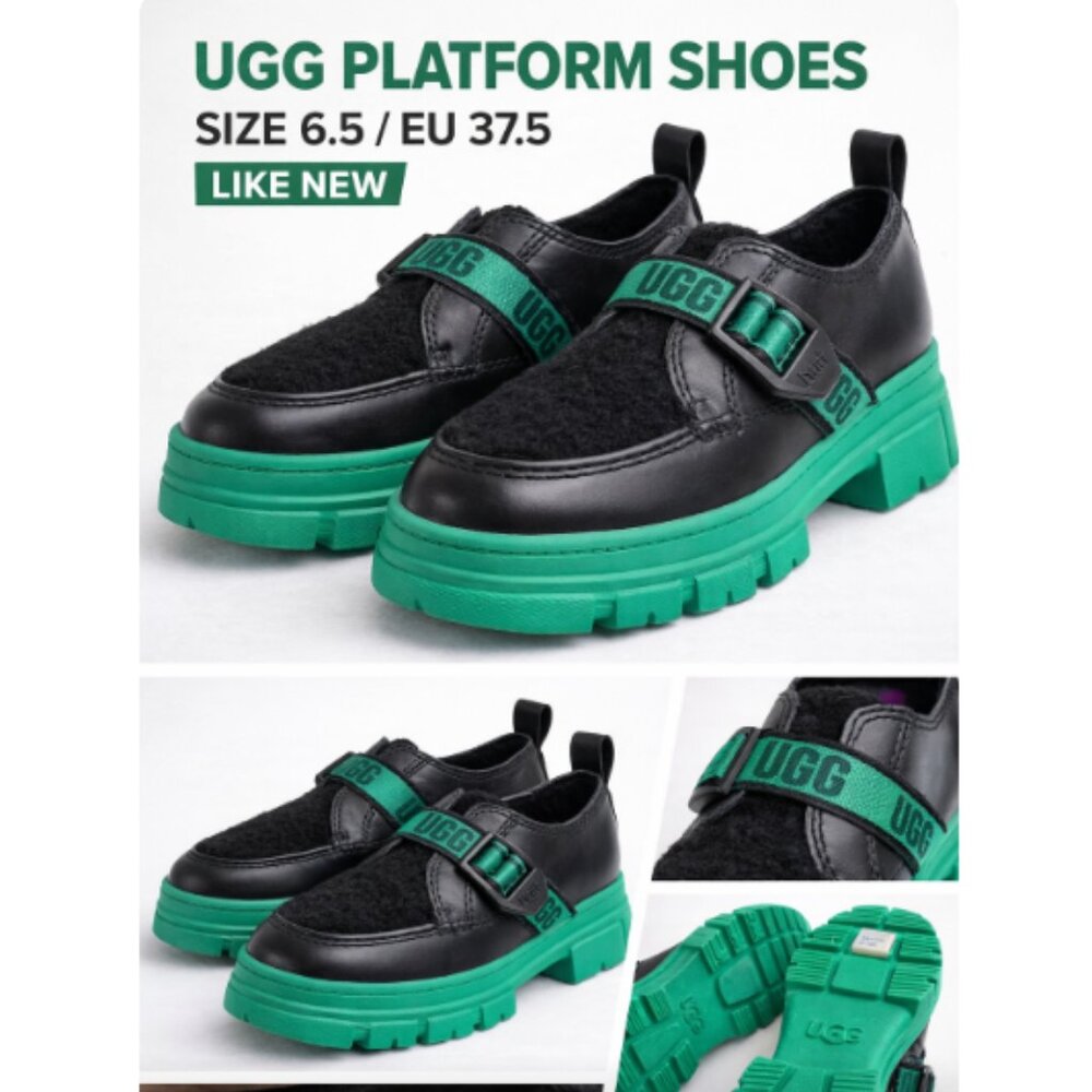 UGG Platform Slip-On Shoes Black Green Strap Chunky Sole Size 6.5 Women NWOB